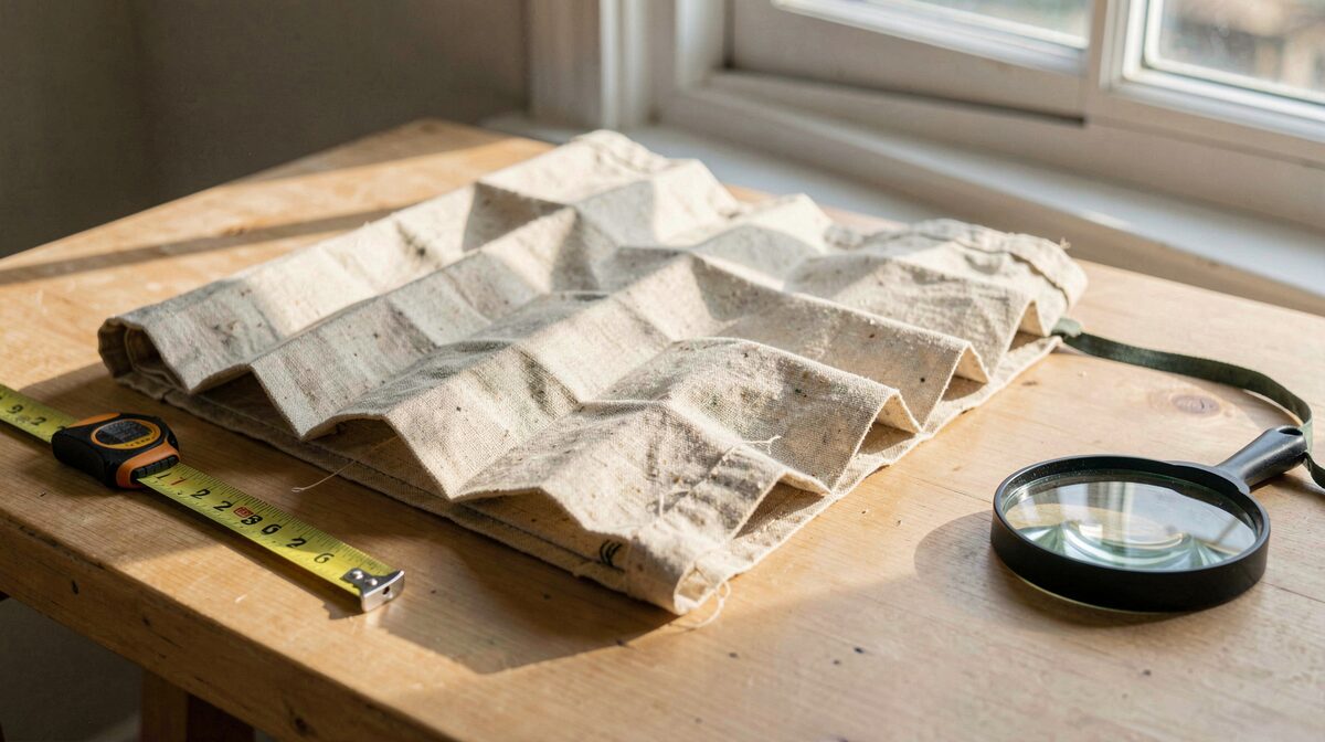 Sur une table en bois clair près d'une fenêtre, un panneau de tissu ancien plié en accordéon, lumière rasante du matin, un mètre ruban et une loupe posés à côté, cadrage serré sur les plis et l'ourlet.