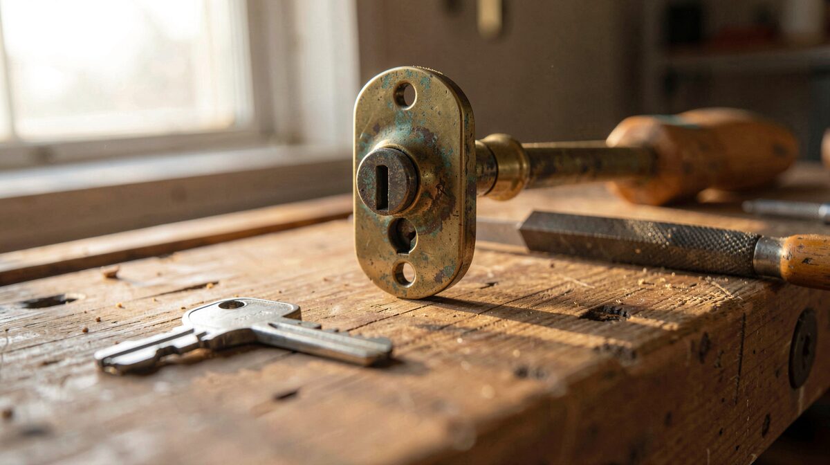 Gros plan sur une serrure ancienne en laiton patiné posée sur un établi en bois, à côté d'une clé et d'une lime, lumière rasante d'une fenêtre d'atelier en fin d'après-midi, cadrage serré sur le canon et la gâche.