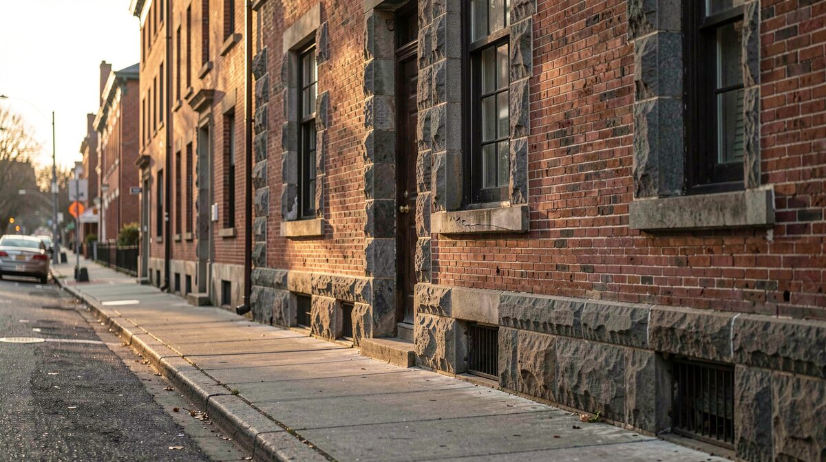 Une rue ancienne de Philadelphie au petit matin, façade de brique rouge et encadrements de schiste, lumière rasante venant de la gauche, cadrage frontal serré sur le mur et le trottoir.
