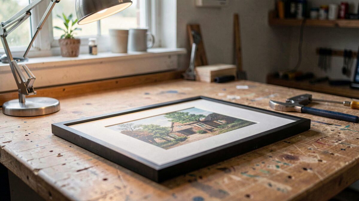 Une estampe encadrée posée sur une table d'atelier, éclairée en lumière rasante par une lampe d'architecte, révélant la marque de presse en creux dans la marge, vue de trois quarts rapprochée.